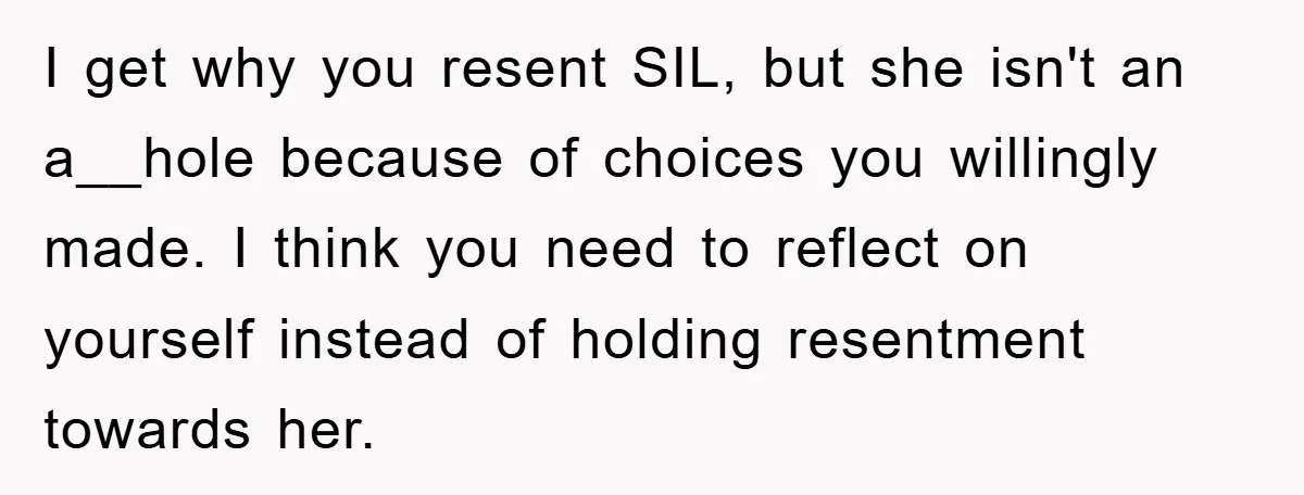 I get why you resent SIL, but she isn't an a__hole because of choices you willingly made. I think you need to reflect on yourself instead of holding resentment towards...