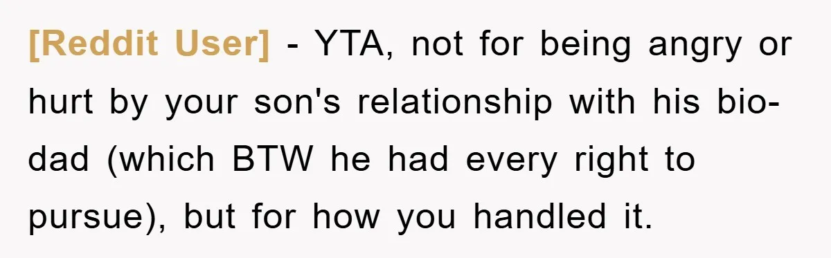 [Reddit User] − YTA, not for being angry or hurt by your son's relationship with his bio-dad (which BTW he had every right to pursue), but for how you handled...