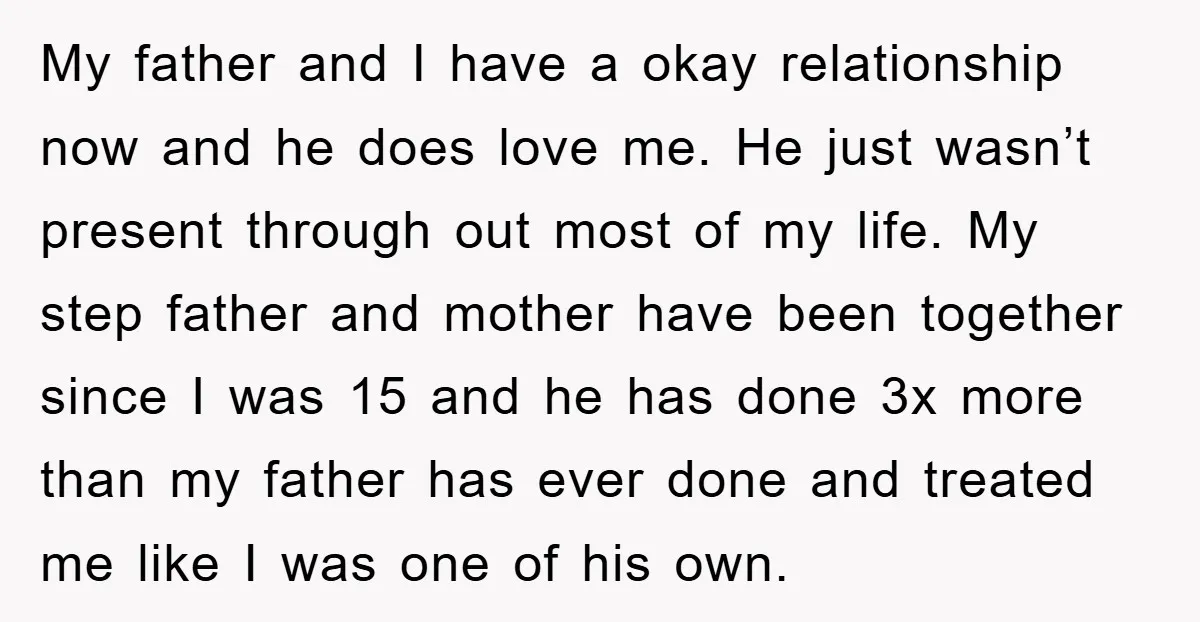 My father and I have a okay relationship now and he does love me. He just wasn’t present through out most of my life. My step father and mother have...