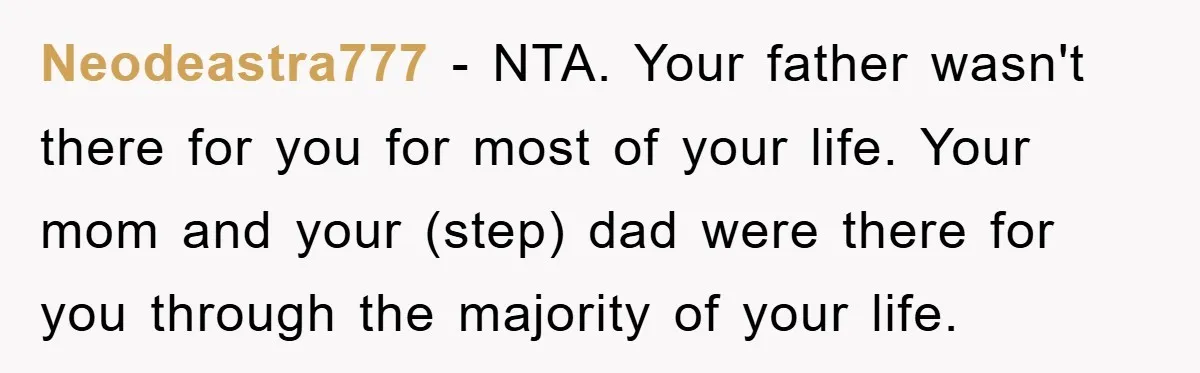 Neodeastra777 − NTA. Your father wasn't there for you for most of your life. Your mom and your (step) dad were there for you through the majority of your life.