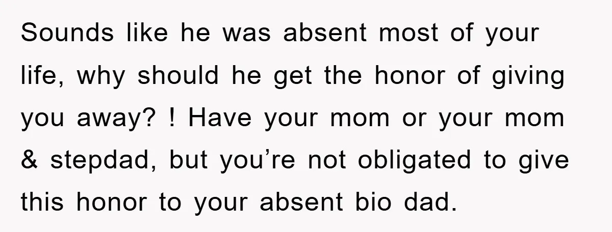 Sounds like he was absent most of your life, why should he get the honor of giving you away? ! Have your mom or your mom & stepdad, but you’re...