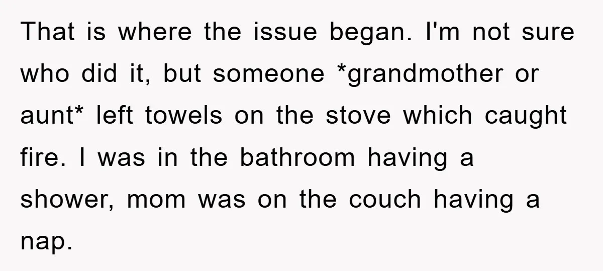 That is where the issue began. I'm not sure who did it, but someone *grandmother or aunt* left towels on the stove which caught fire. I was in the bathroom...