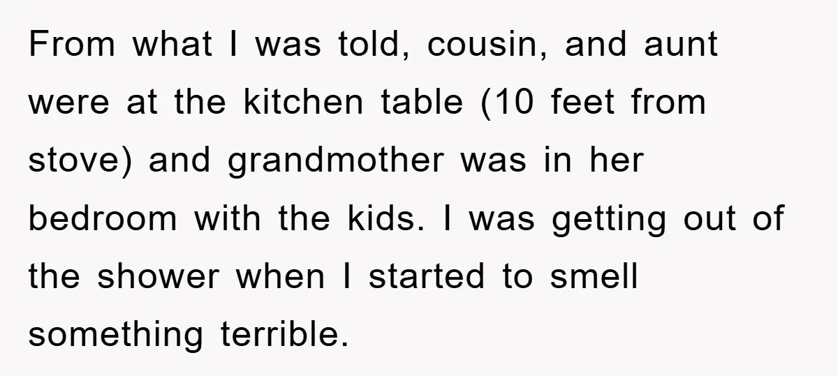 From what I was told, cousin, and aunt were at the kitchen table (10 feet from stove) and grandmother was in her bedroom with the kids. I was getting out...