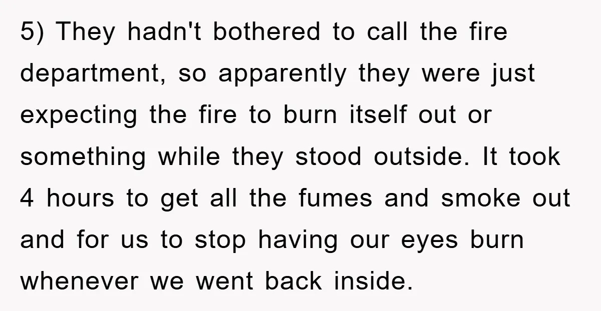 5) They hadn't bothered to call the fire department, so apparently they were just expecting the fire to burn itself out or something while they stood outside. It took 4...