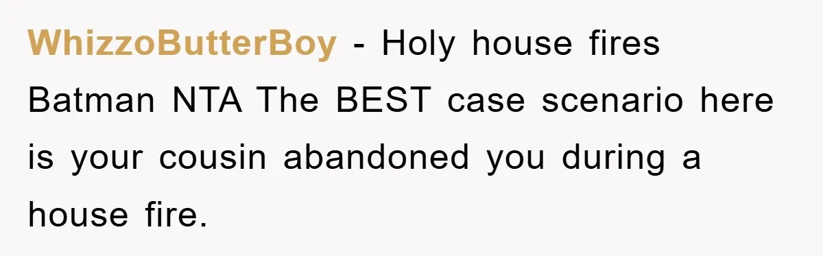WhizzoButterBoy − Holy house fires Batman NTA The BEST case scenario here is your cousin abandoned you during a house fire.