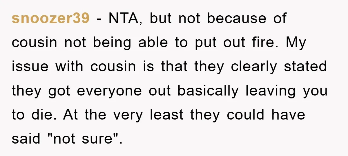snoozer39 − NTA, but not because of cousin not being able to put out fire. My issue with cousin is that they clearly stated they got everyone out basically leaving...