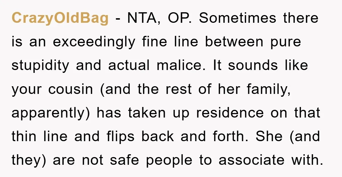 CrazyOldBag − NTA, OP. Sometimes there is an exceedingly fine line between pure stupidity and actual malice. It sounds like your cousin (and the rest of her family, apparently) has...
