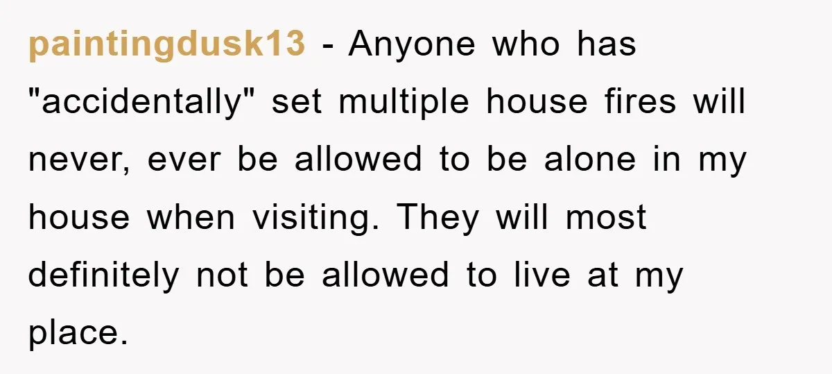 paintingdusk13 − Anyone who has "accidentally" set multiple house fires will never, ever be allowed to be alone in my house when visiting. They will most definitely not be allowed...