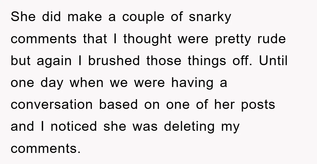 She did make a couple of snarky comments that I thought were pretty rude but again I brushed those things off. Until one day when we were having a conversation...