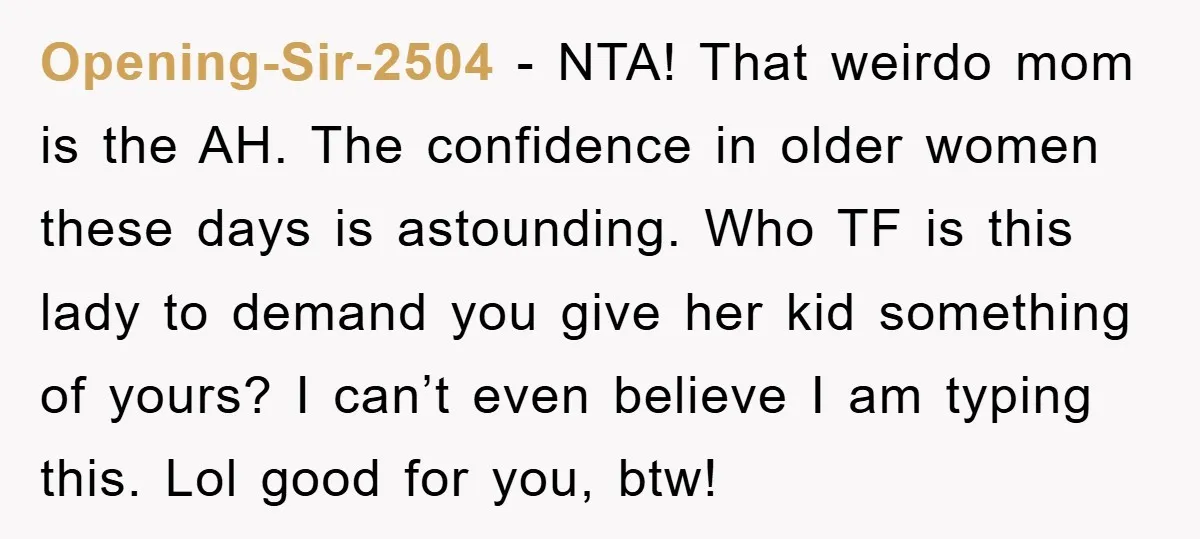 Opening-Sir-2504 − NTA! That weirdo mom is the AH. The confidence in older women these days is astounding. Who TF is this lady to demand you give her kid something...