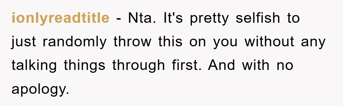 ionlyreadtitle − Nta. It's pretty selfish to just randomly throw this on you without any talking things through first. And with no apology.