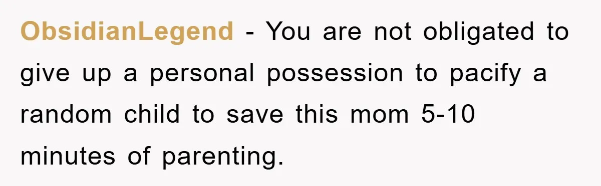 ObsidianLegend − You are not obligated to give up a personal possession to pacify a random child to save this mom 5-10 minutes of parenting.