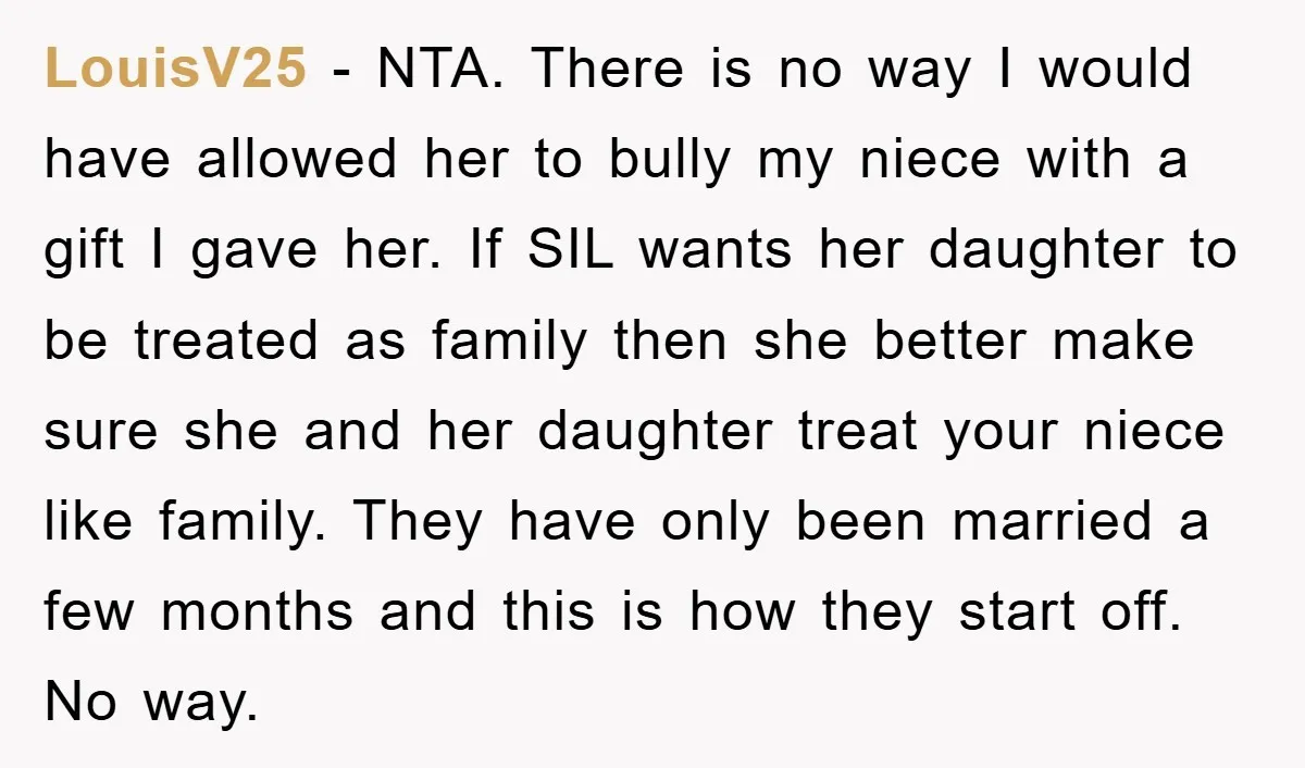 LouisV25 − NTA. There is no way I would have allowed her to bully my niece with a gift I gave her. If SIL wants her daughter to be treated...