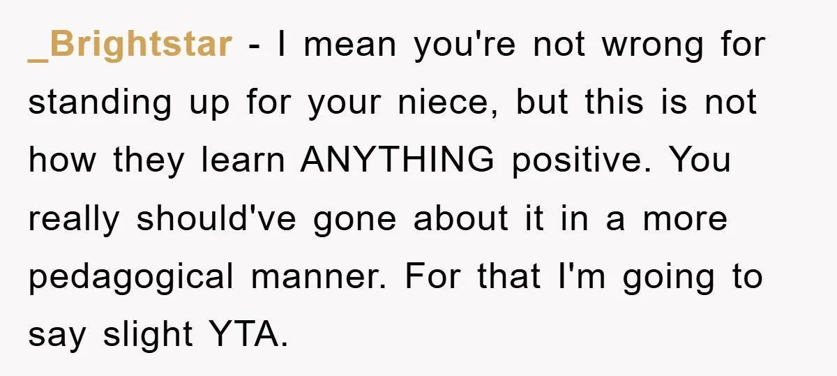 _Brightstar − I mean you're not wrong for standing up for your niece, but this is not how they learn ANYTHING positive. You really should've gone about it in a...