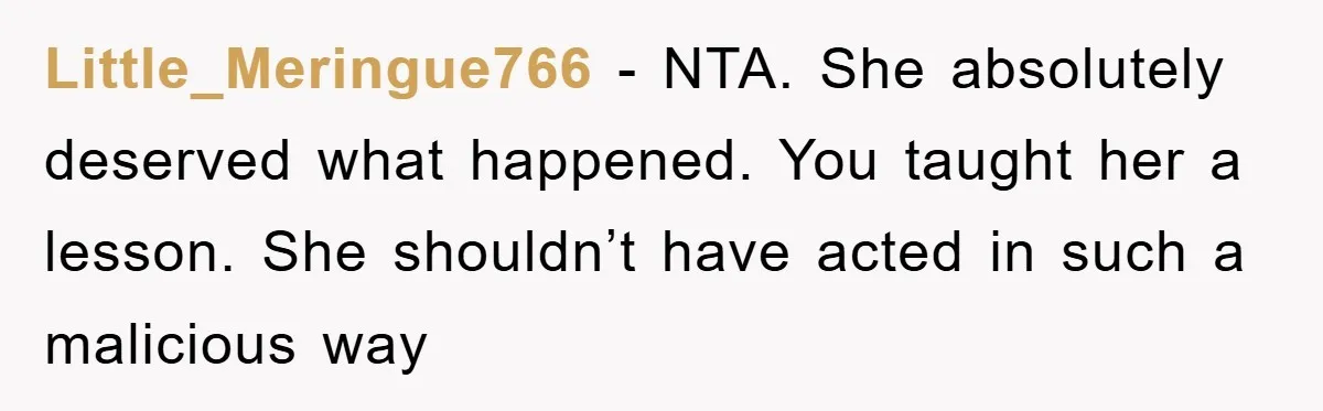 Little_Meringue766 − NTA. She absolutely deserved what happened. You taught her a lesson. She shouldn’t have acted in such a malicious way