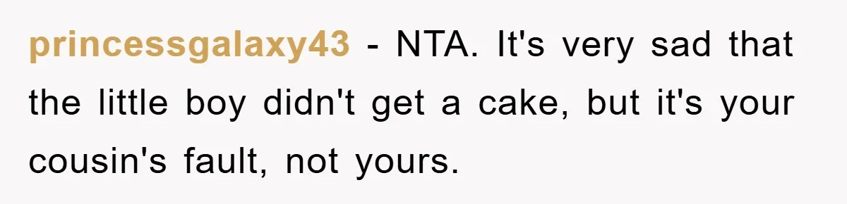 princessgalaxy43 − NTA. It's very sad that the little boy didn't get a cake, but it's your cousin's fault, not yours.