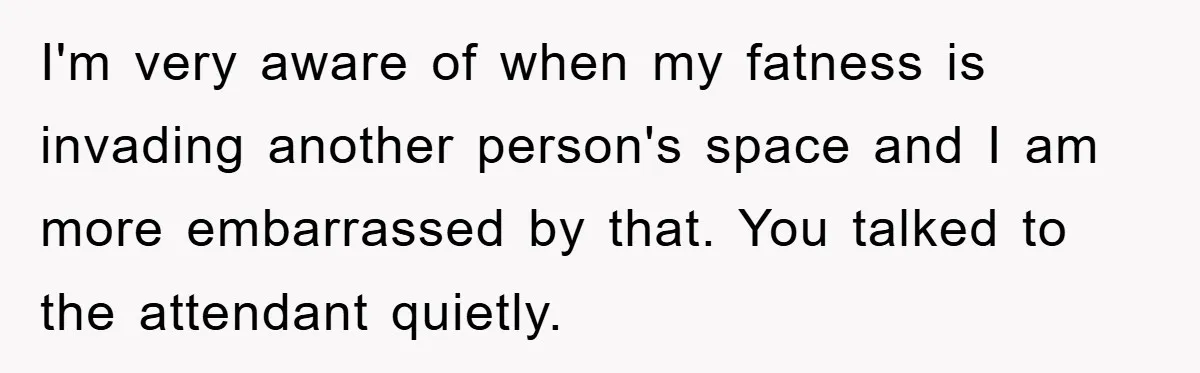 I'm very aware of when my fatness is invading another person's space and I am more embarrassed by that. You talked to the attendant quietly.