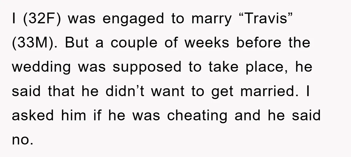 I (32F) was engaged to marry “Travis” (33M). But a couple of weeks before the wedding was supposed to take place, he said that he didn’t want to get married....