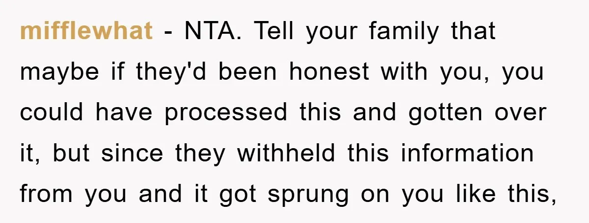 mifflewhat − NTA. Tell your family that maybe if they'd been honest with you, you could have processed this and gotten over it, but since they withheld this information from...