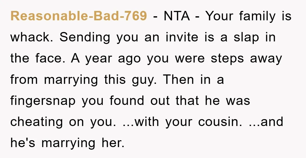 Reasonable-Bad-769 − NTA - Your family is whack. Sending you an invite is a slap in the face. A year ago you were steps away from marrying this guy. Then...