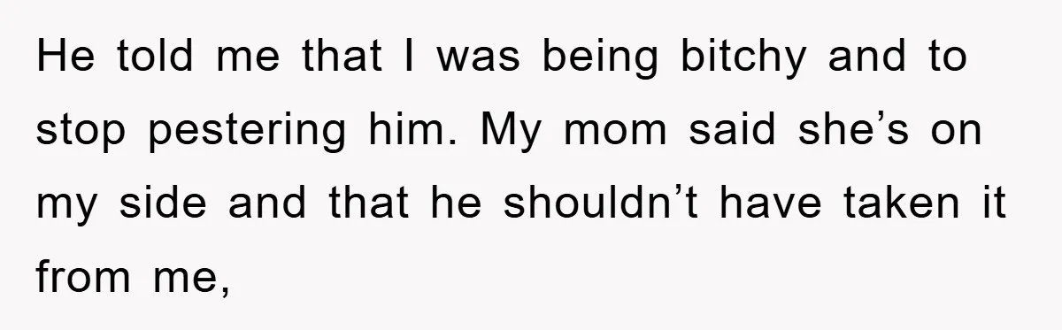 He told me that I was being bitchy and to stop pestering him. My mom said she’s on my side and that he shouldn’t have taken it from me,