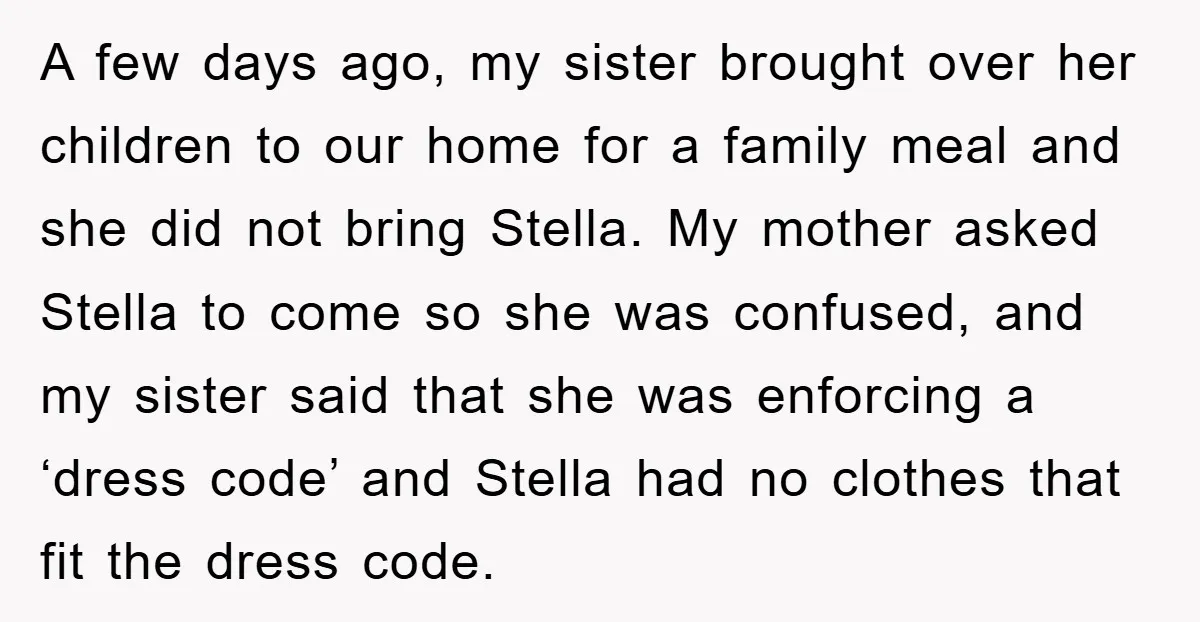 A few days ago, my sister brought over her children to our home for a family meal and she did not bring Stella. My mother asked Stella to come so...