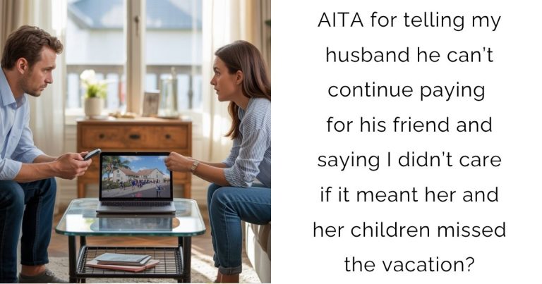 AITA for telling my husband he can’t continue paying for his friend and saying I didn’t care if it meant her and her children missed the vacation?