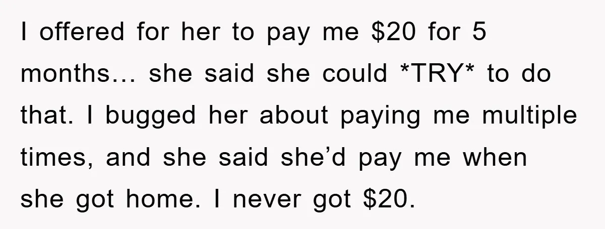 I offered for her to pay me $20 for 5 months… she said she could *TRY* to do that. I bugged her about paying me multiple times, and she said...