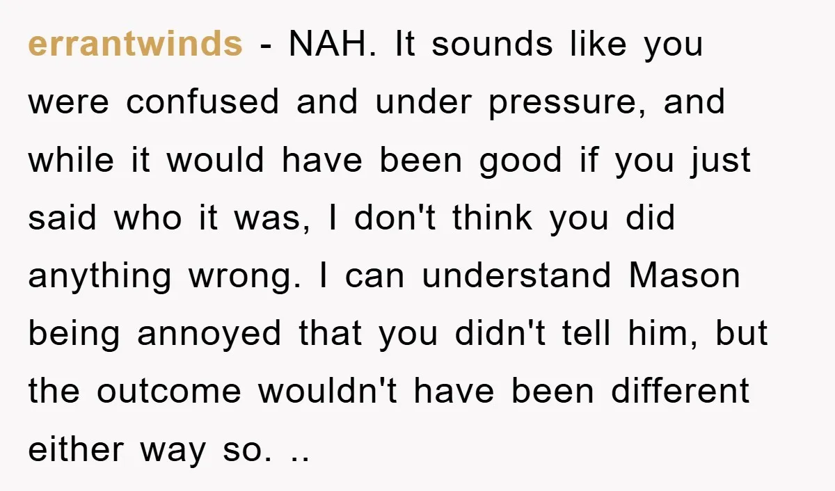 errantwinds − NAH. It sounds like you were confused and under pressure, and while it would have been good if you just said who it was, I don't think you...