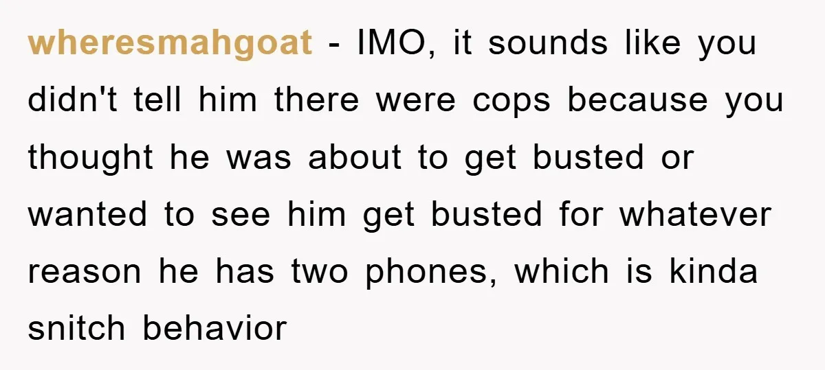 wheresmahgoat − IMO, it sounds like you didn't tell him there were cops because you thought he was about to get busted or wanted to see him get busted for...