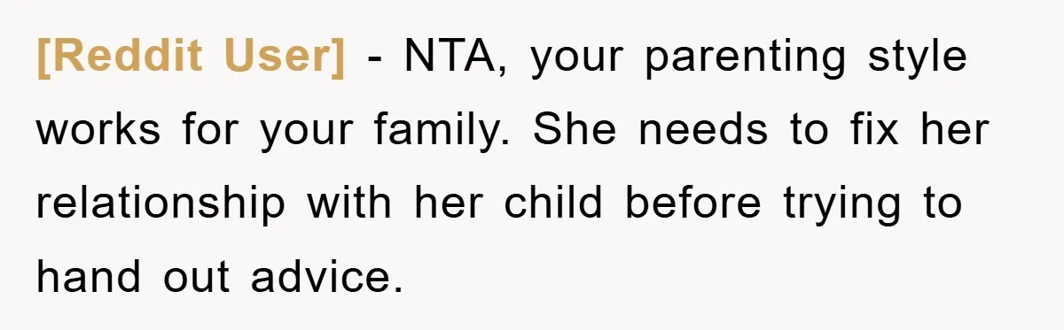 [Reddit User] − NTA, your parenting style works for your family. She needs to fix her relationship with her child before trying to hand out advice.
