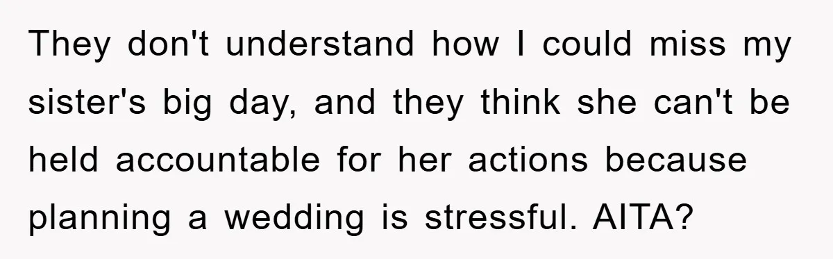 They don't understand how I could miss my sister's big day, and they think she can't be held accountable for her actions because planning a wedding is stressful. AITA?