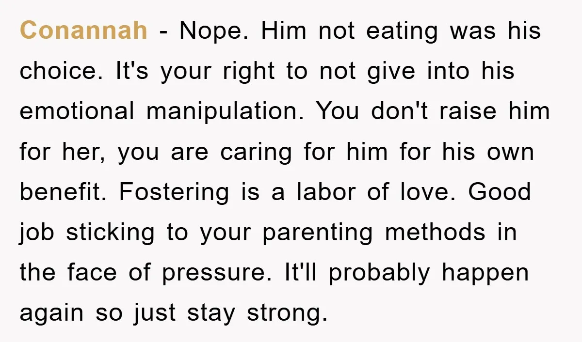 Conannah − Nope. Him not eating was his choice. It's your right to not give into his emotional manipulation. You don't raise him for her, you are caring for him...