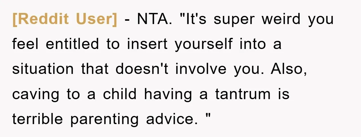 [Reddit User] − NTA. "It's super weird you feel entitled to insert yourself into a situation that doesn't involve you. Also, caving to a child having a tantrum is terrible...