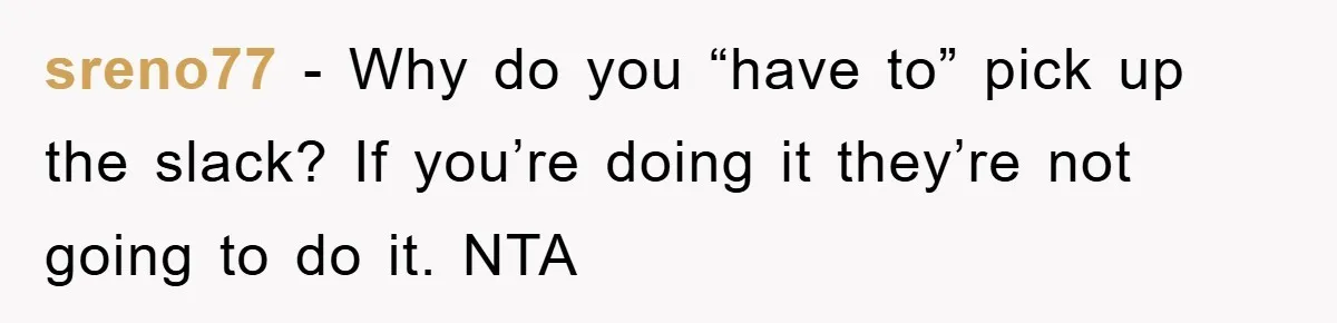 sreno77 − Why do you “have to” pick up the slack? If you’re doing it they’re not going to do it. NTA