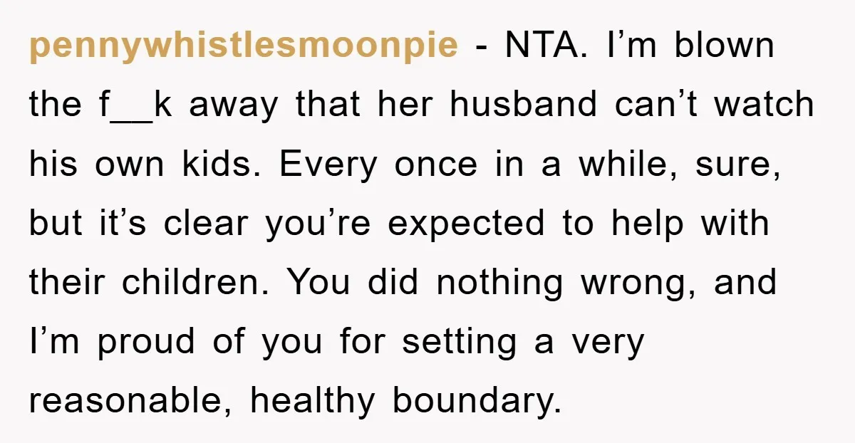 pennywhistlesmoonpie − NTA. I’m blown the f__k away that her husband can’t watch his own kids. Every once in a while, sure, but it’s clear you’re expected to help with...