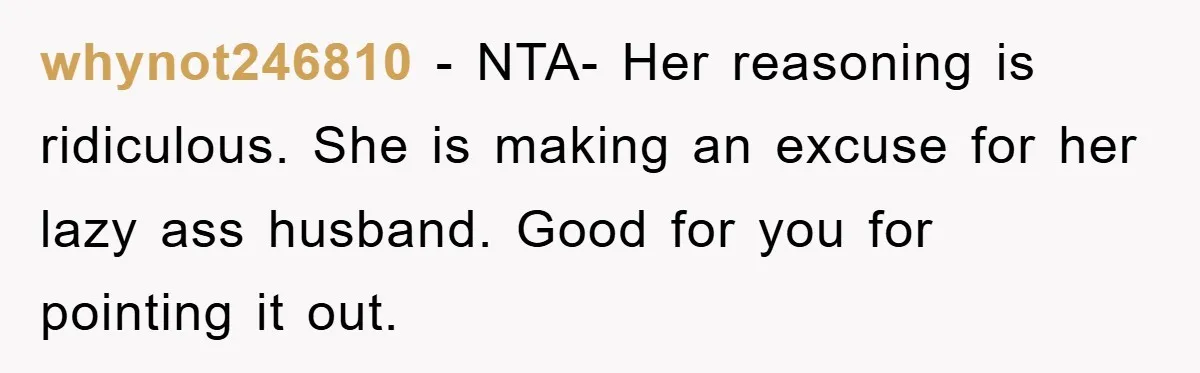 whynot246810 − NTA- Her reasoning is ridiculous. She is making an excuse for her lazy ass husband. Good for you for pointing it out.
