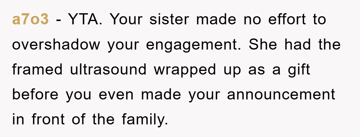 a7o3 − YTA. Your sister made no effort to overshadow your engagement. She had the framed ultrasound wrapped up as a gift before you even made your announcement in front...