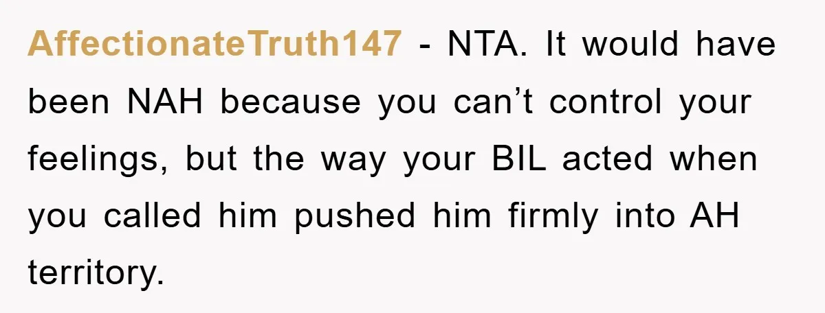 AffectionateTruth147 − NTA. It would have been NAH because you can’t control your feelings, but the way your BIL acted when you called him pushed him firmly into AH territory.