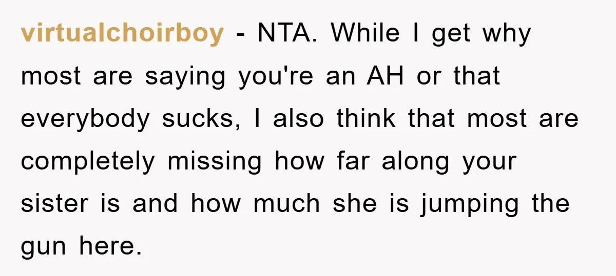virtualchoirboy − NTA. While I get why most are saying you're an AH or that everybody sucks, I also think that most are completely missing how far along your sister...