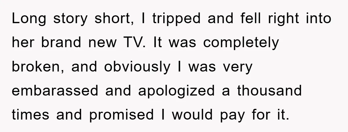 Long story short, I tripped and fell right into her brand new TV. It was completely broken, and obviously I was very embarassed and apologized a thousand times and promised...