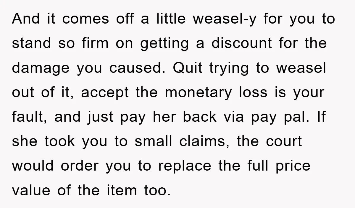 And it comes off a little weasel-y for you to stand so firm on getting a discount for the damage you caused. Quit trying to weasel out of it, accept...