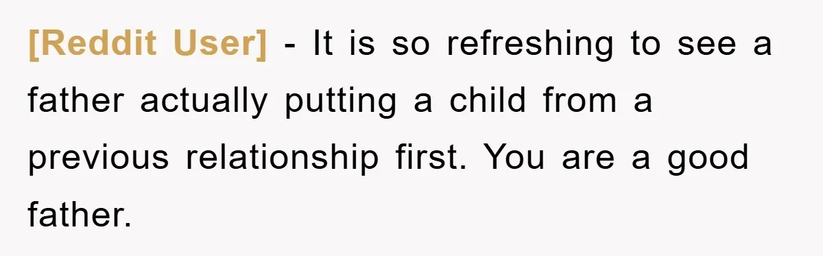 [Reddit User] - It is so refreshing to see a father actually putting a child from a previous relationship first. You are a good father.