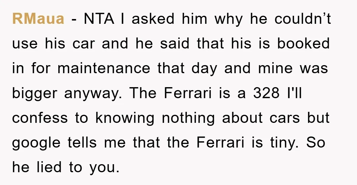 RMaua − NTA I asked him why he couldn’t use his car and he said that his is booked in for maintenance that day and mine was bigger anyway. The...