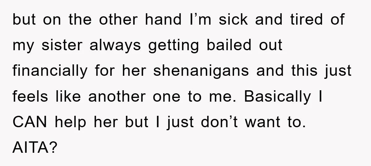 but on the other hand I’m sick and tired of my sister always getting bailed out financially for her shenanigans and this just feels like another one to me. Basically...