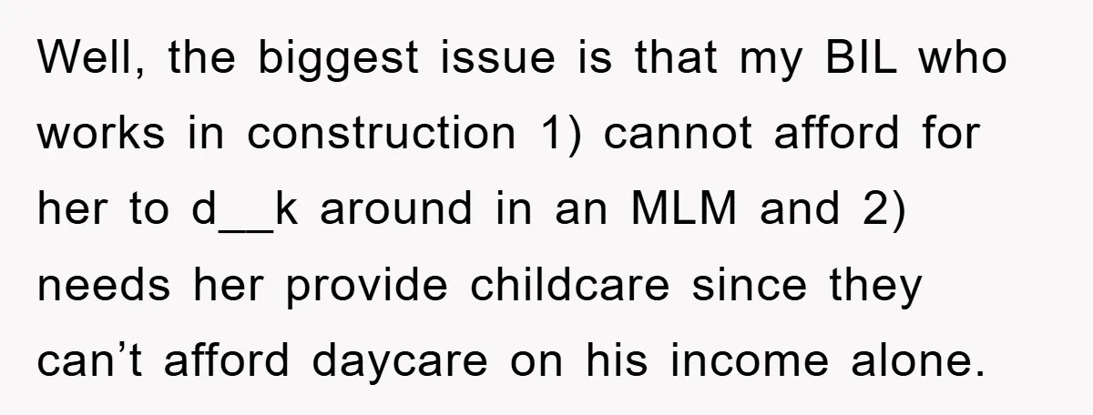 Well, the biggest issue is that my BIL who works in construction 1) cannot afford for her to d__k around in an MLM and 2) needs her provide childcare since...