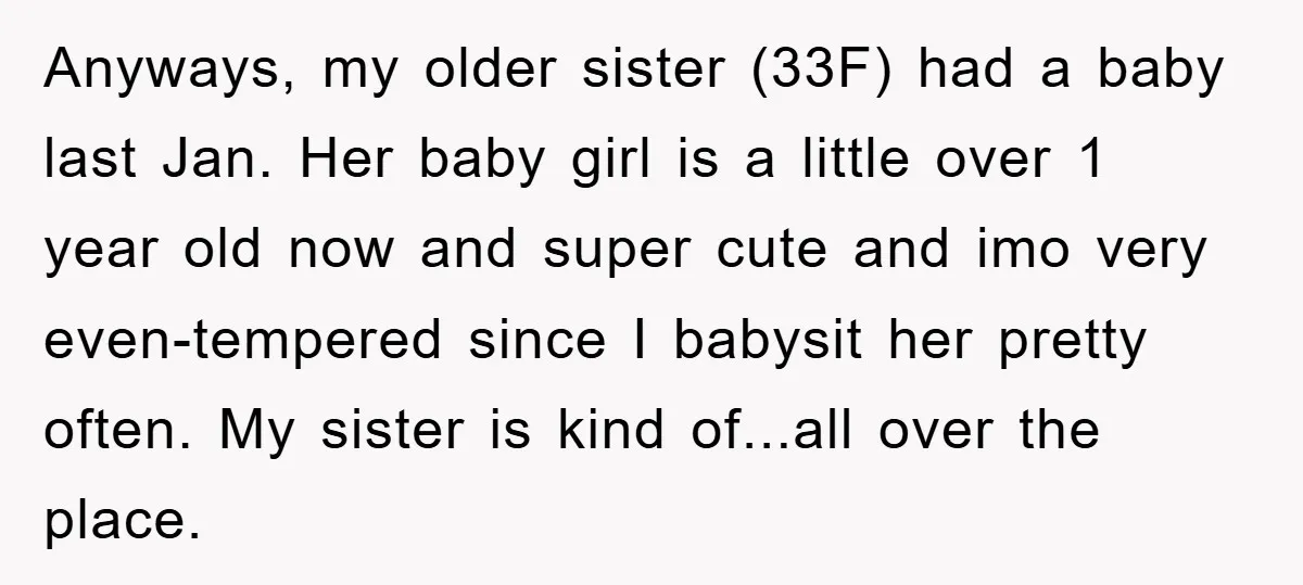 Anyways, my older sister (33F) had a baby last Jan. Her baby girl is a little over 1 year old now and super cute and imo very even-tempered since I...