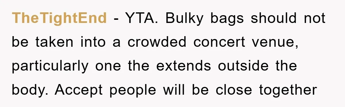 TheTightEnd − YTA. Bulky bags should not be taken into a crowded concert venue, particularly one the extends outside the body. Accept people will be close together