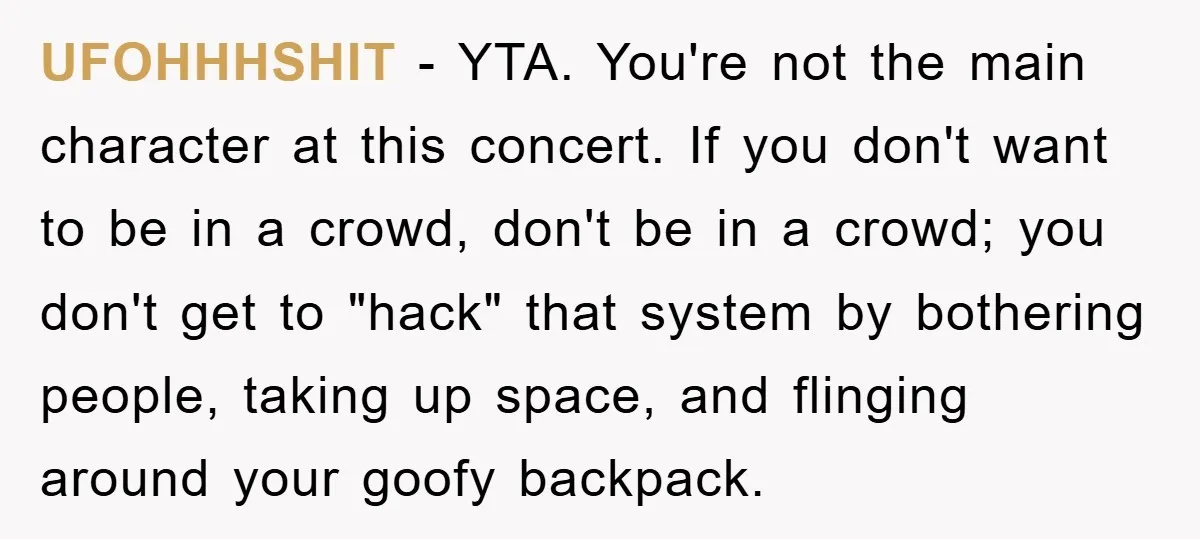UFOHHHSHIT − YTA. You're not the main character at this concert. If you don't want to be in a crowd, don't be in a crowd; you don't get to "hack"...