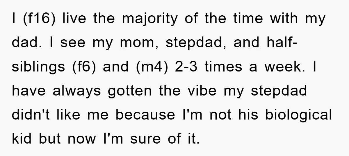 I (f16) live the majority of the time with my dad. I see my mom, stepdad, and half-siblings (f6) and (m4) 2-3 times a week. I have always gotten the...